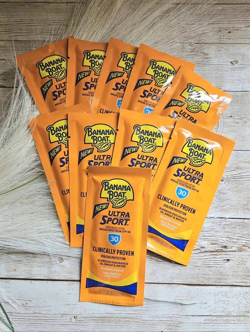 10 packets Banana Boat Sport Sunscreen, SPF 30 Protection lotion, Travel Packets